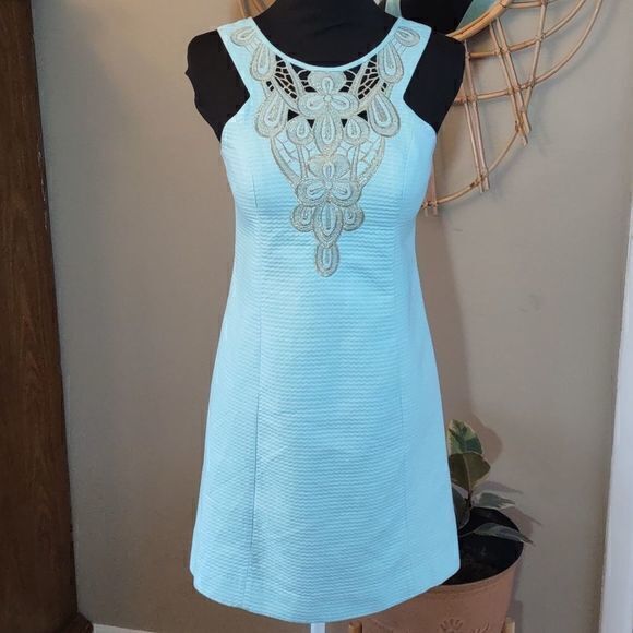 Lilly Pulitzer Gold Metallic Lace Breakwater Blue Jacquard Largo Shift Dres Sz 2 - Picture 2 of 14